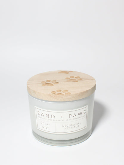 Sand + Paws Ocean Mist 12 oz scented candle White vessel with Carved Paw Print lid