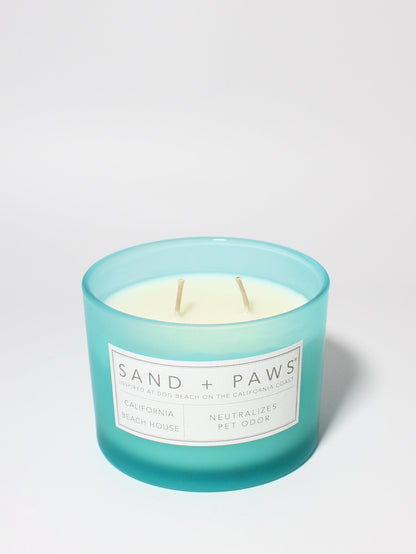 Sand + Paws California Beach House 12 oz scented candle Coast vessel with Painted Colorful Paw Prints in Heart Shape lid