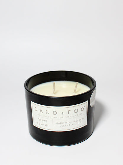 Olive Lemon 12 oz scented candle Black vessel with Olive Wreath lid