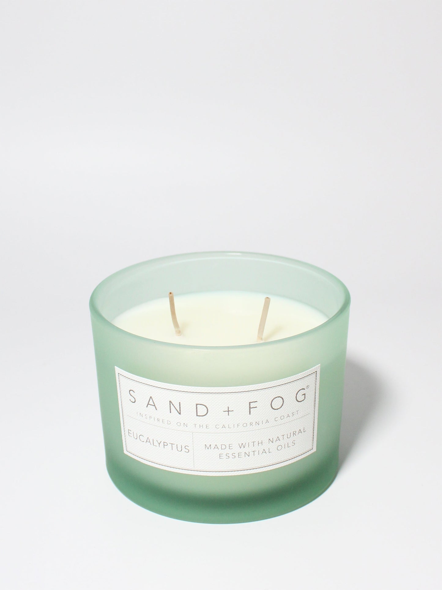 Eucalyptus 12 oz scented candle Sea Foam vessel with breathe relax unwind lid