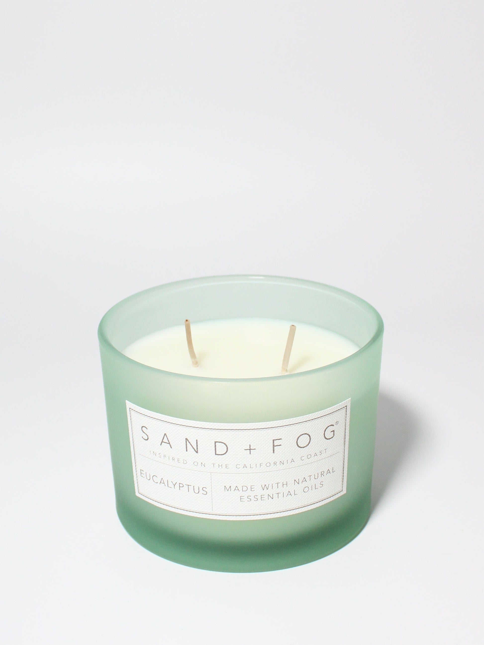 Eucalyptus 12 oz scented candle Sea Foam vessel with breathe relax unwind lid