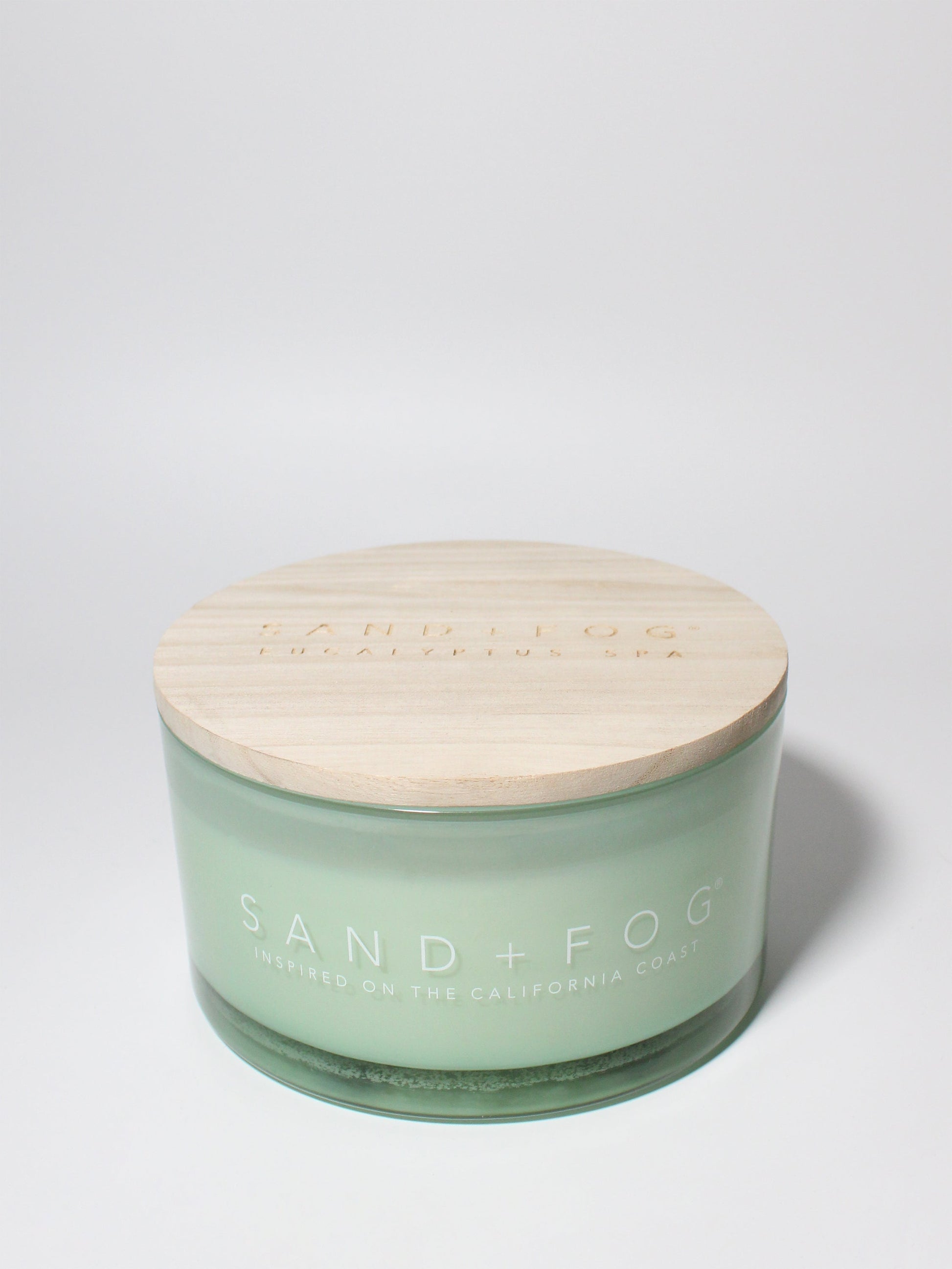 Eucalyptus Spa 23 oz scented candle Seafoam vessel with Sand+Fog wood lid