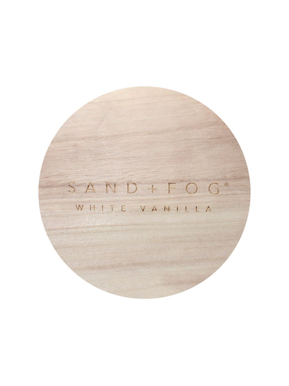 White Vanilla 35 oz scented candle White vessel with Sand+Fog wood lid